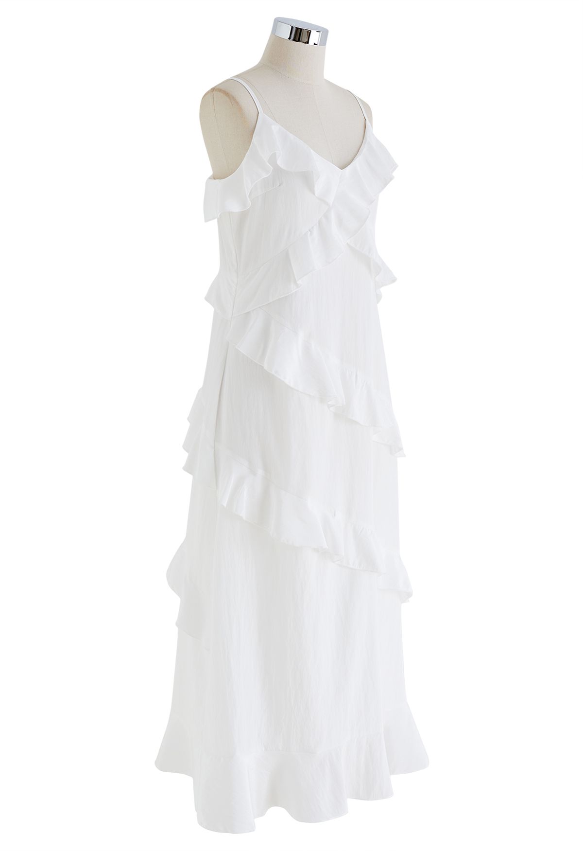 Side Slit Tiered Ruffle Cami Dress in White