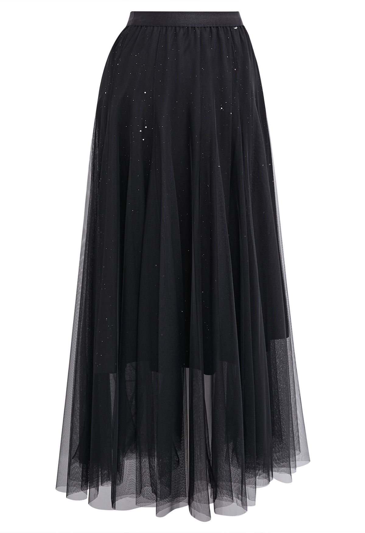 Venus Glitter Mesh Tulle Midi Skirt in Black