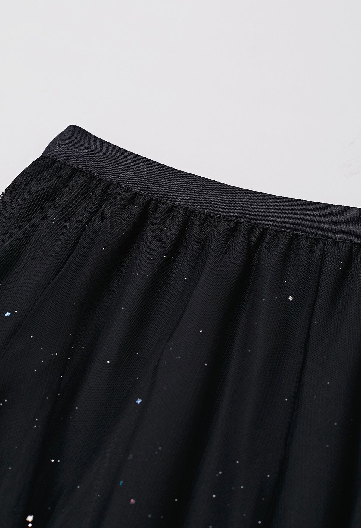 Venus Glitter Mesh Tulle Midi Skirt in Black