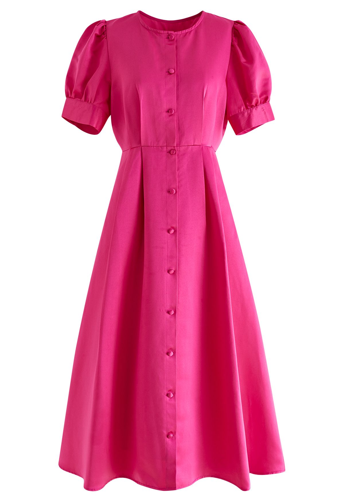 Glossy Satin Button Down Midi Dress in Hot Pink