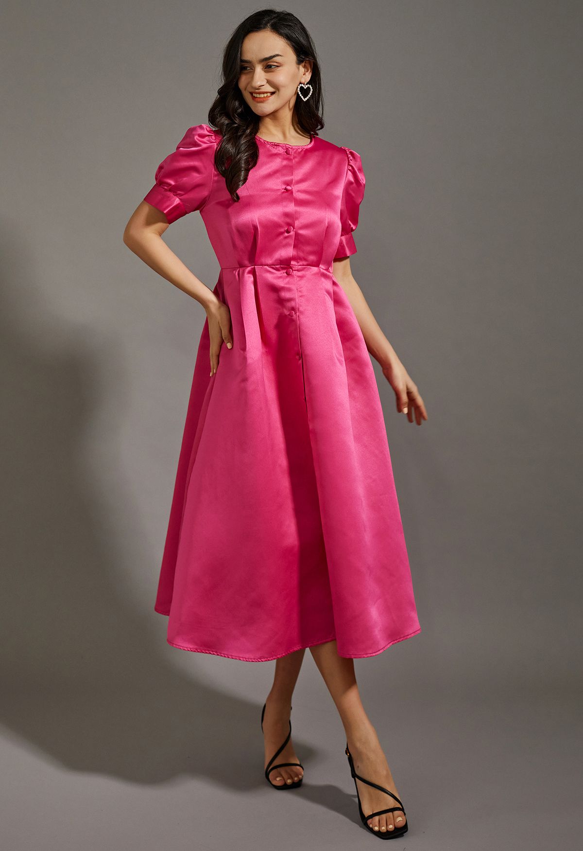 Glossy Satin Button Down Midi Dress in Hot Pink