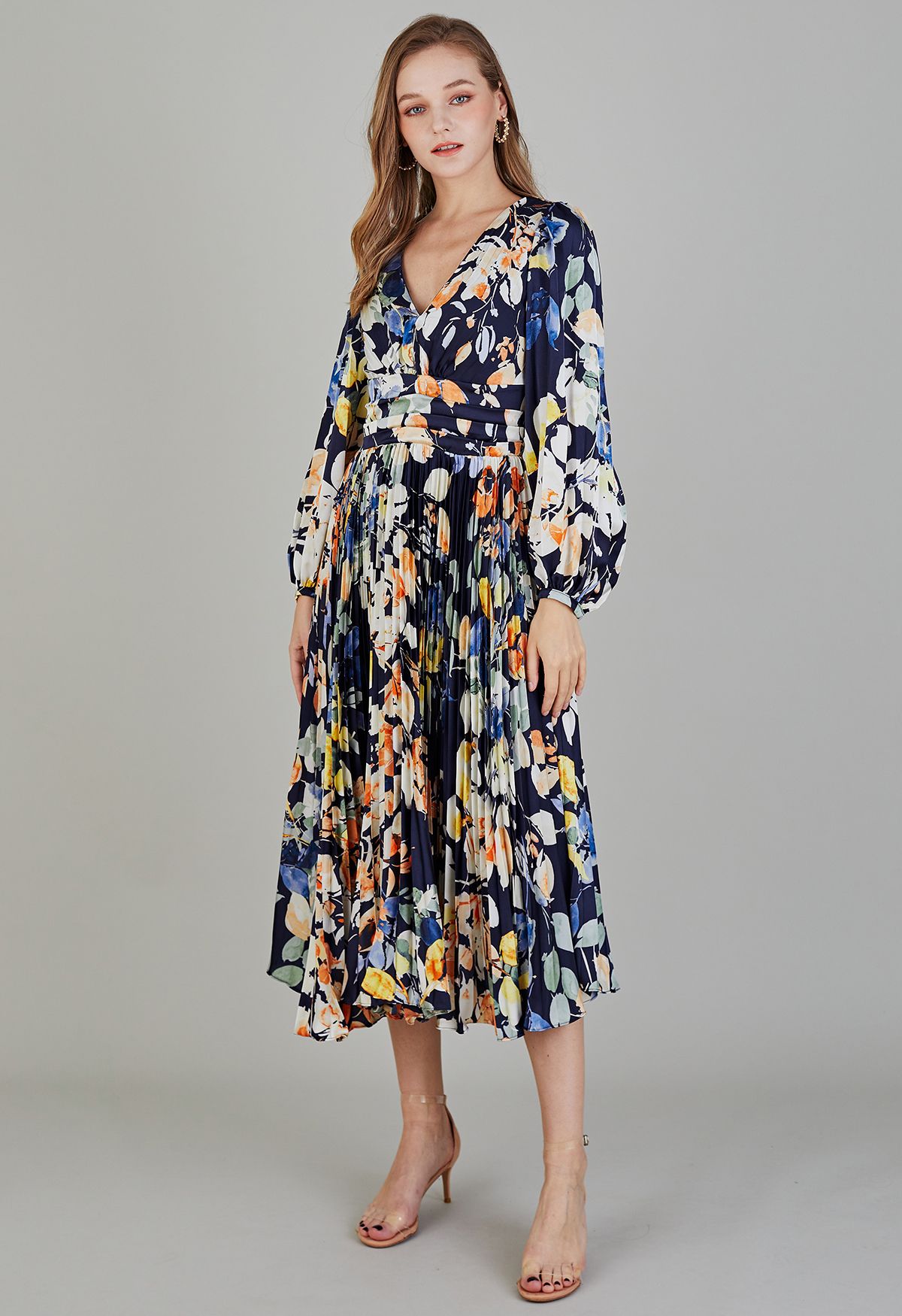 Navy Floral Cut Out Back Pleated Satin Dress