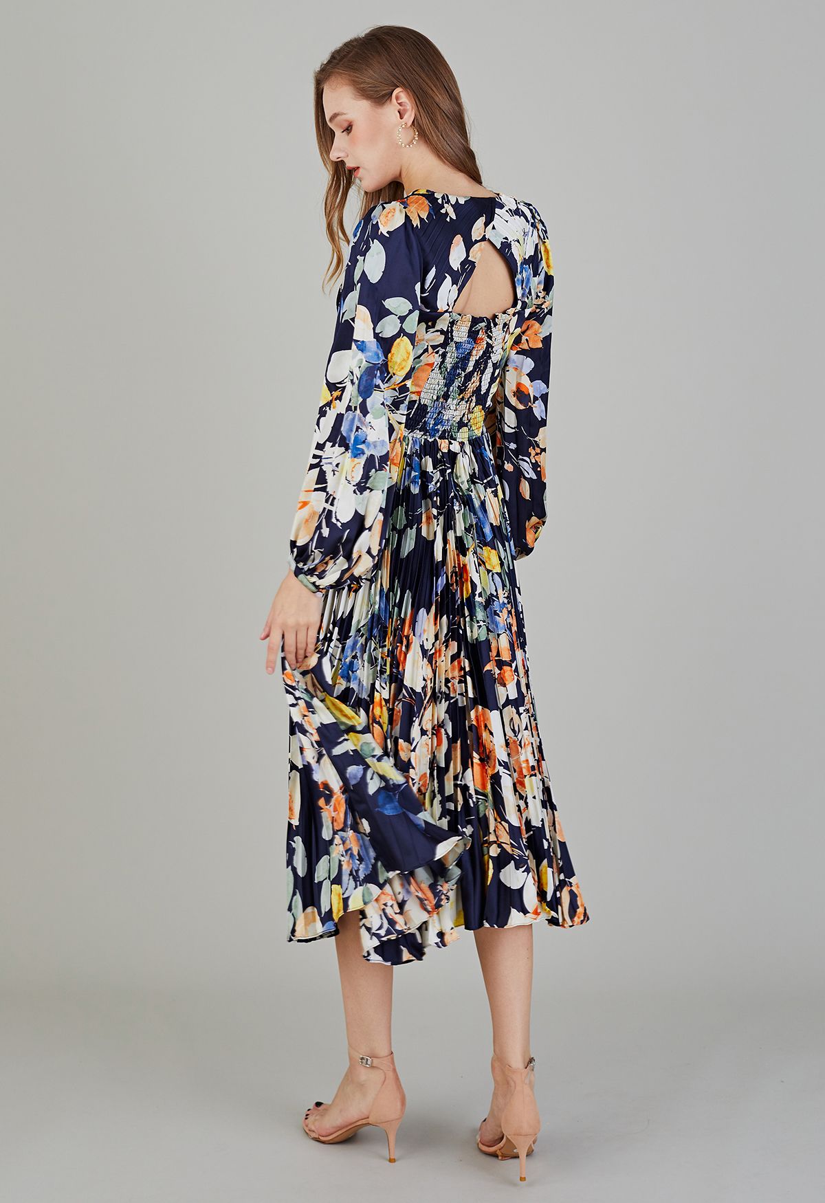 Navy Floral Cut Out Back Pleated Satin Dress
