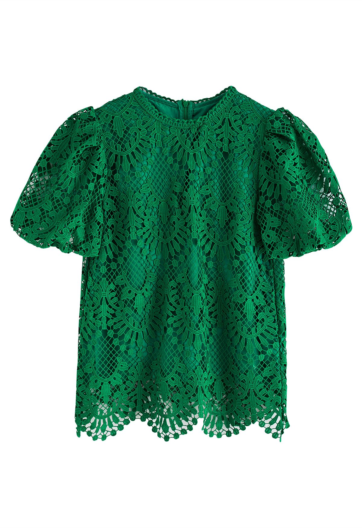 Scallop Edge Bubble Sleeve Crochet Top in Green