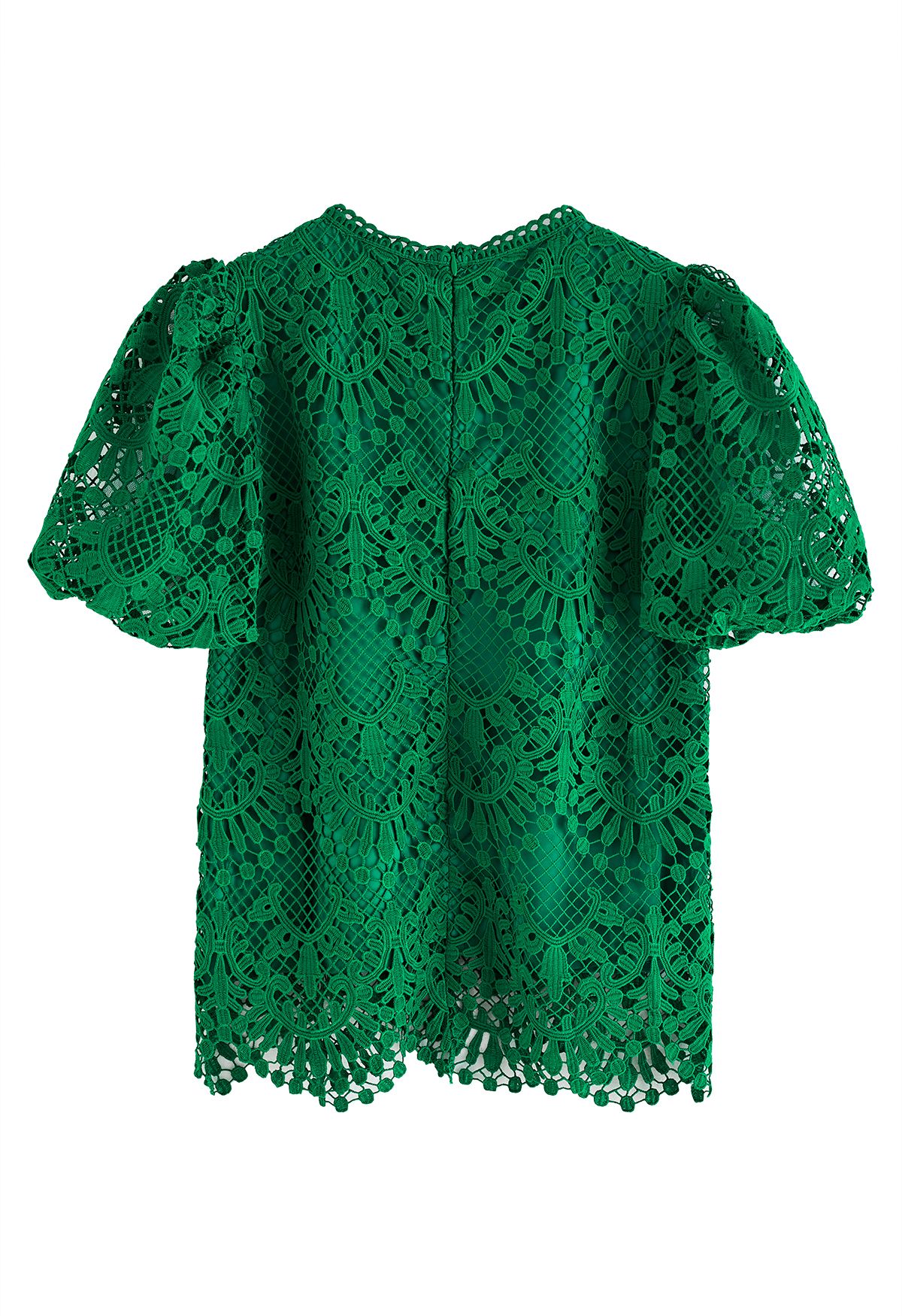 Scallop Edge Bubble Sleeve Crochet Top in Green