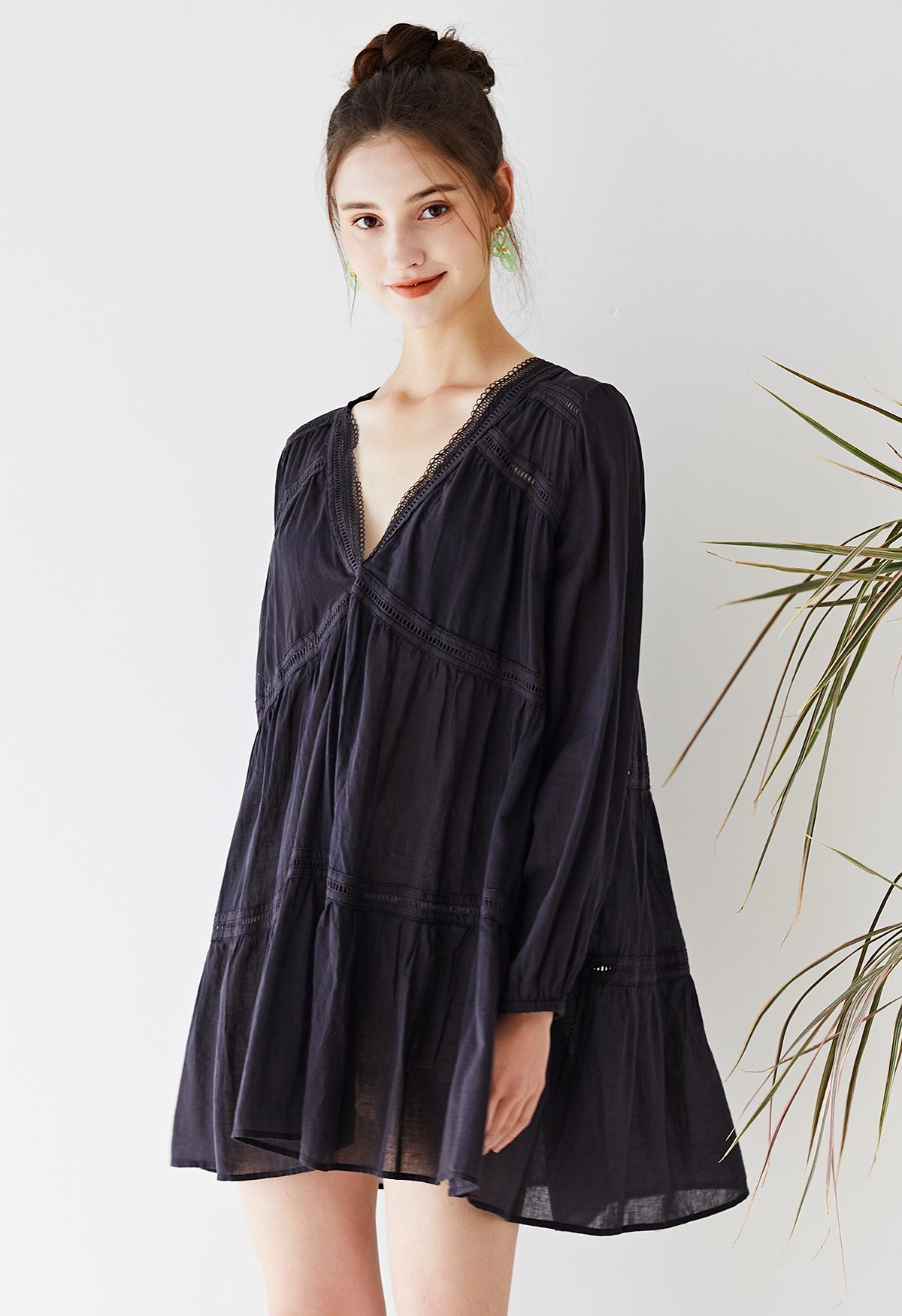 Lithe Plunging Cotton Tunic in Black