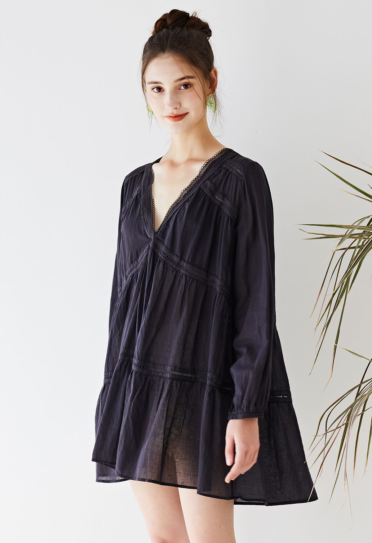 Lithe Plunging Cotton Tunic in Black