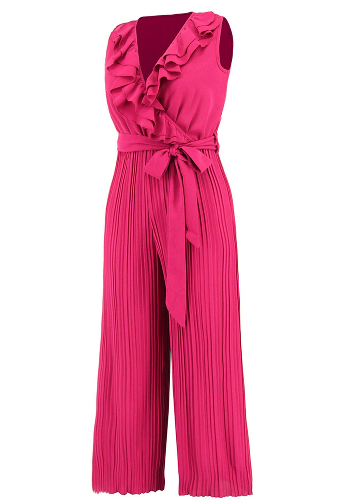 Tiered Ruffle Wrap Plisse Jumpsuit in Hot Pink