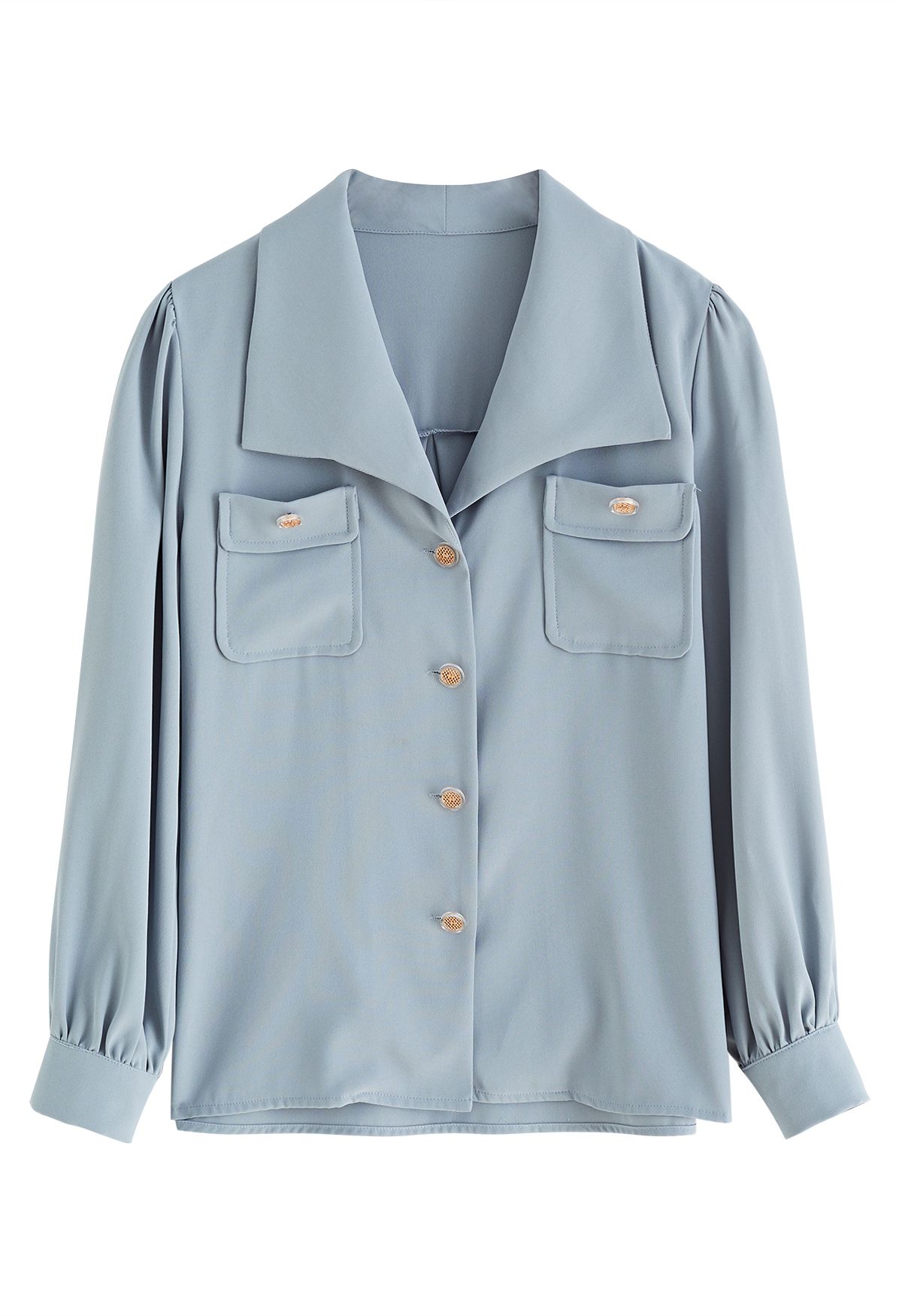 Pointed Collar Golden Button Shirt in Dusty Blue