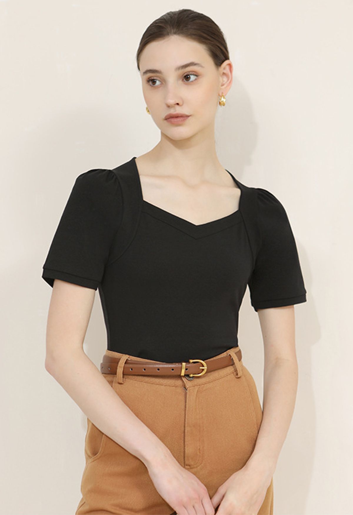 Square Neckline Puff Shoulder T-Shirt in Black