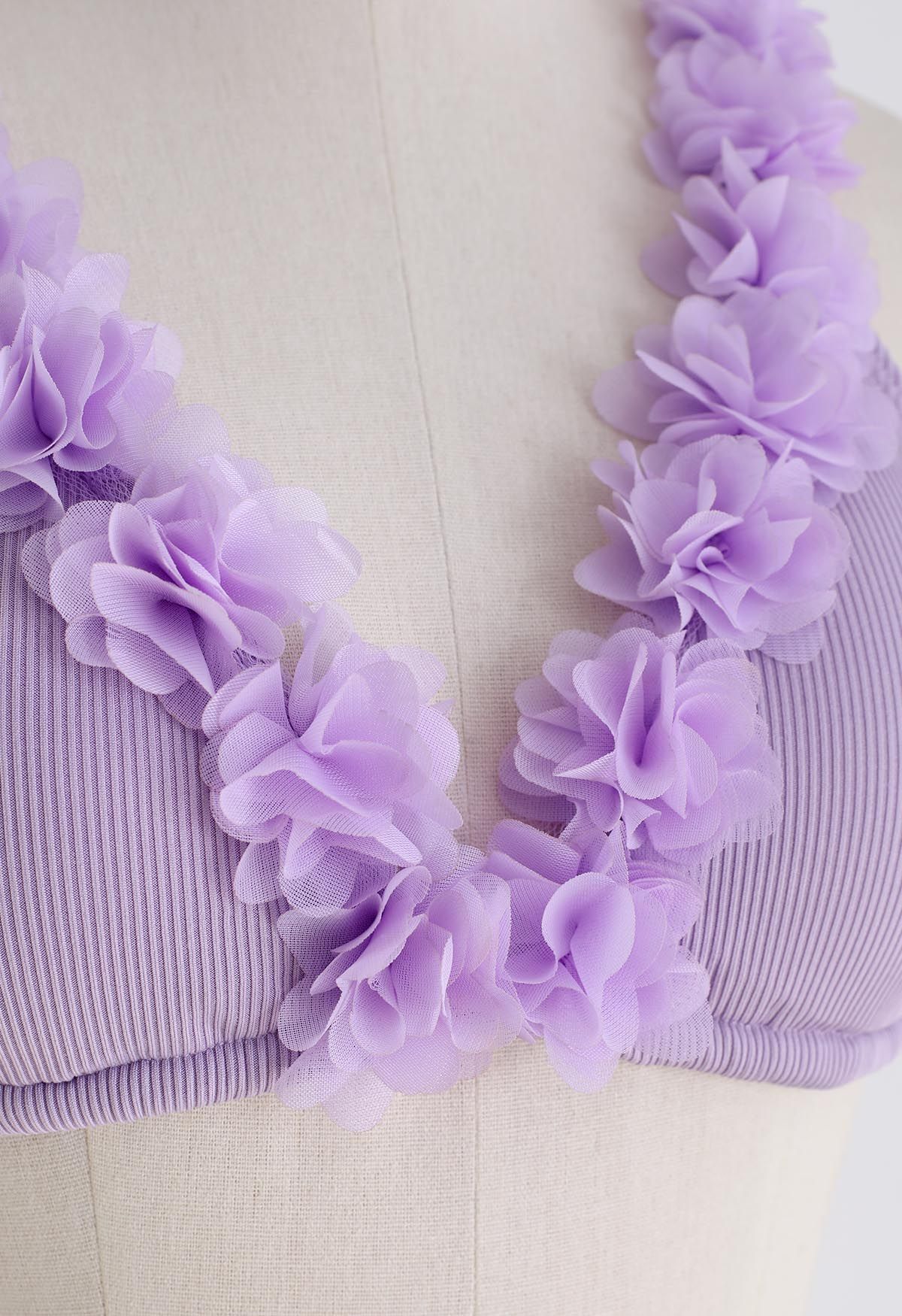 3D Mesh Floral Deep-V Bikini Set in Lilac