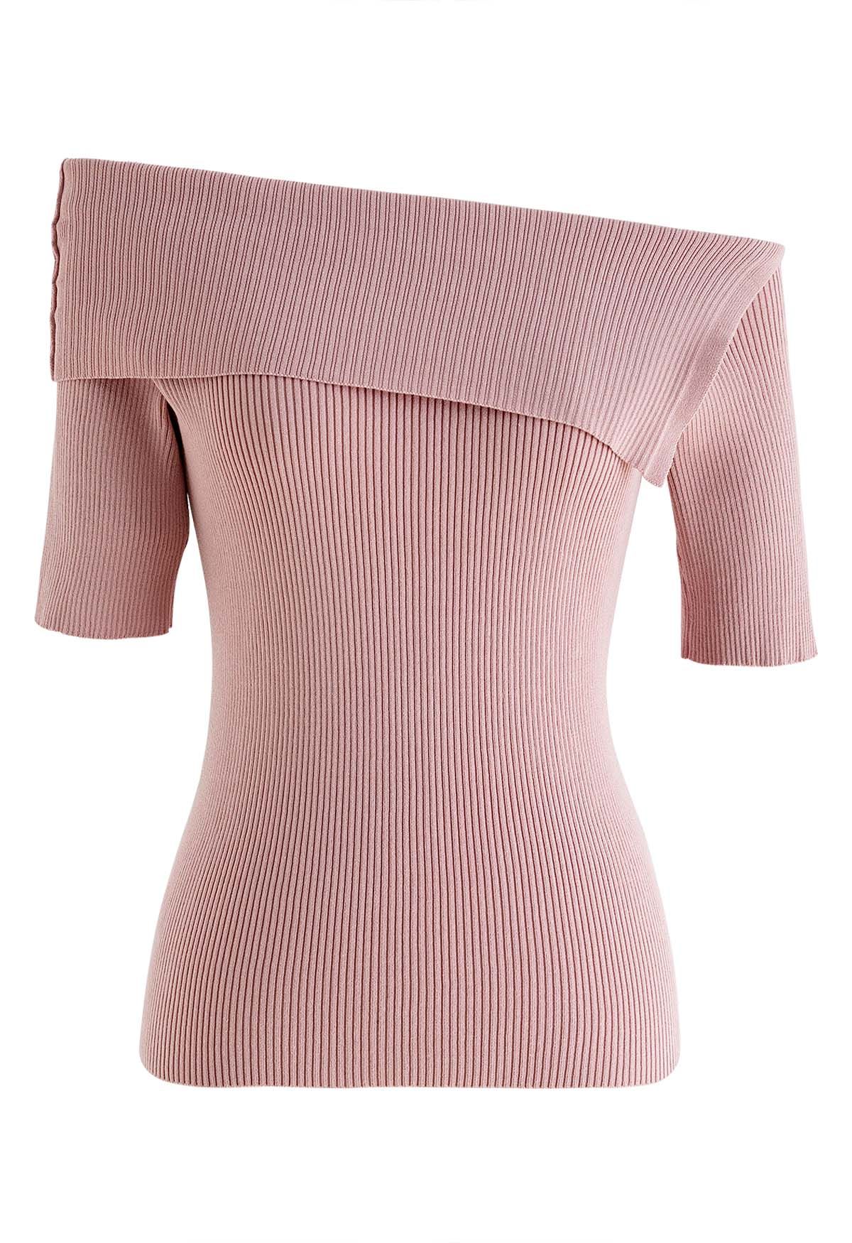 Folded Off-Shoulder Short-Sleeve Knit Top in Pink