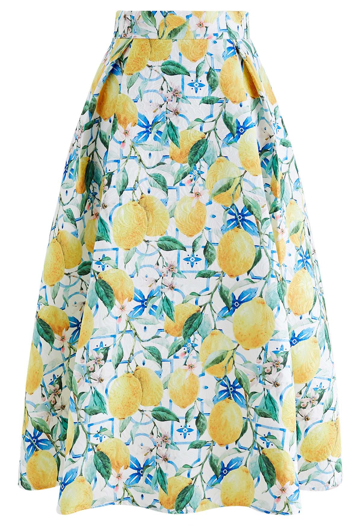 Blue Tiles Watercolor Lemon Printed Jacquard A-Line Midi Skirt