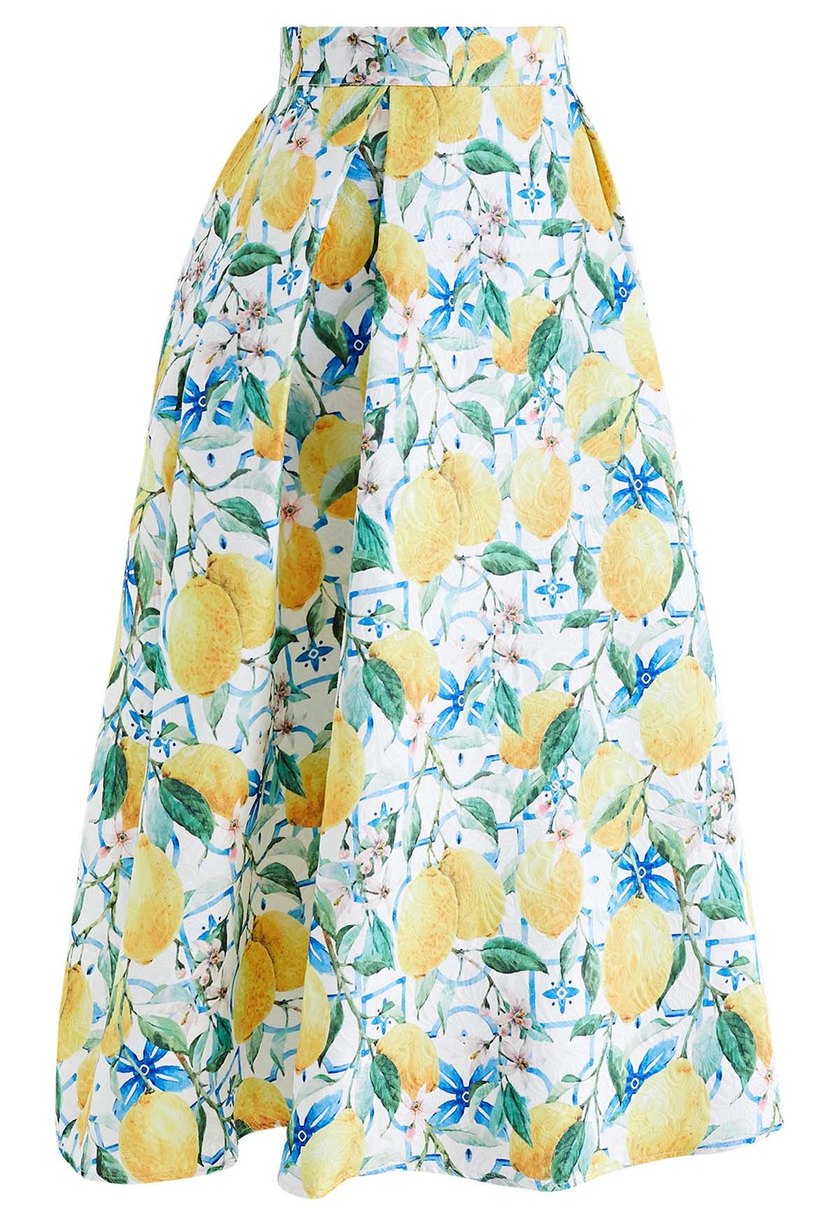 Blue Tiles Watercolor Lemon Printed Jacquard A-Line Midi Skirt