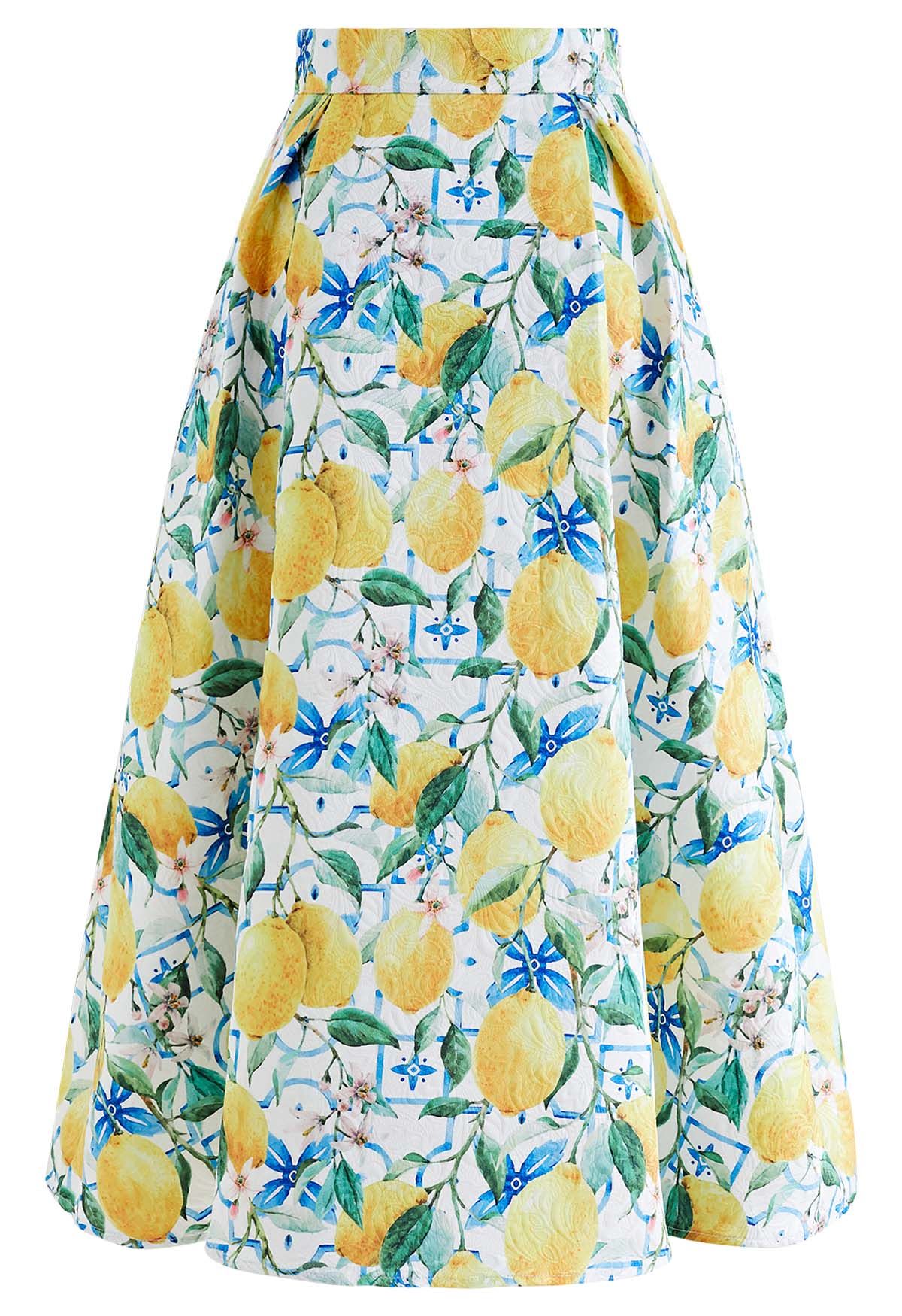 Blue Tiles Watercolor Lemon Printed Jacquard A-Line Midi Skirt