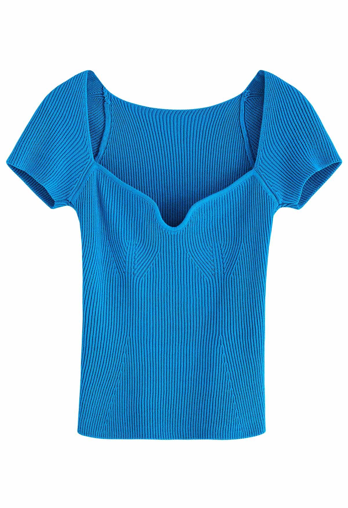 U-Shape Wide Collar Fitted Knit Top in Blue