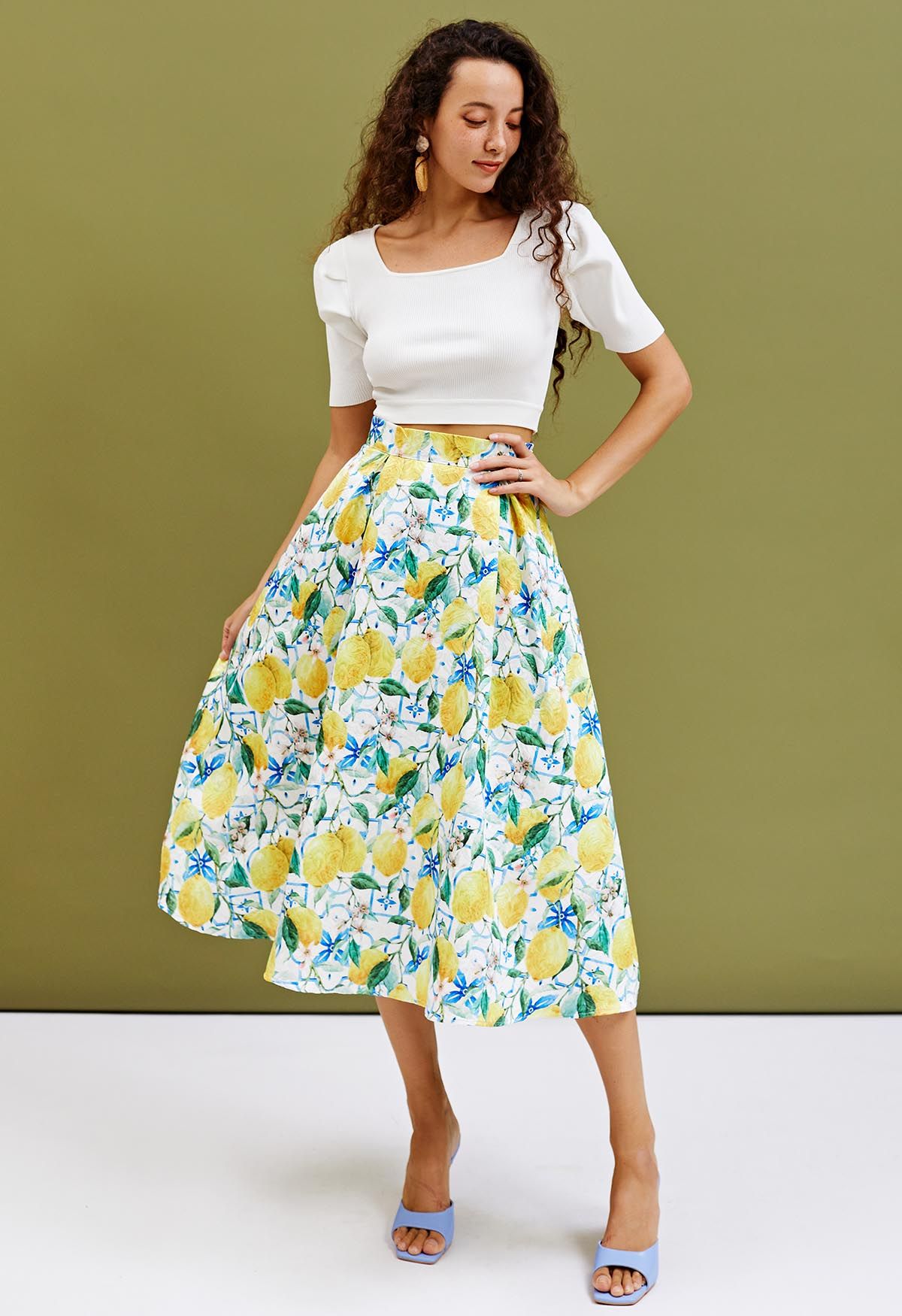 Blue Tiles Watercolor Lemon Printed Jacquard A-Line Midi Skirt