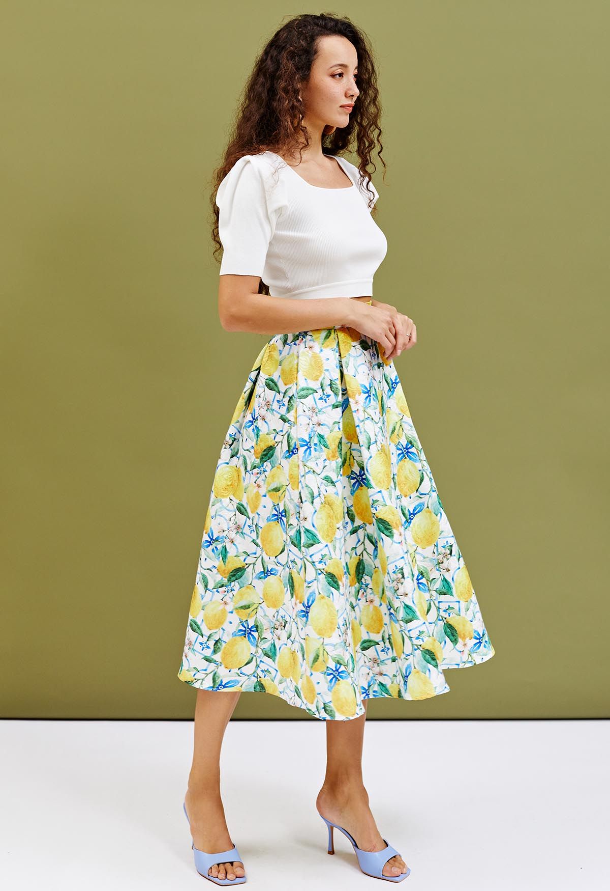 Blue Tiles Watercolor Lemon Printed Jacquard A-Line Midi Skirt