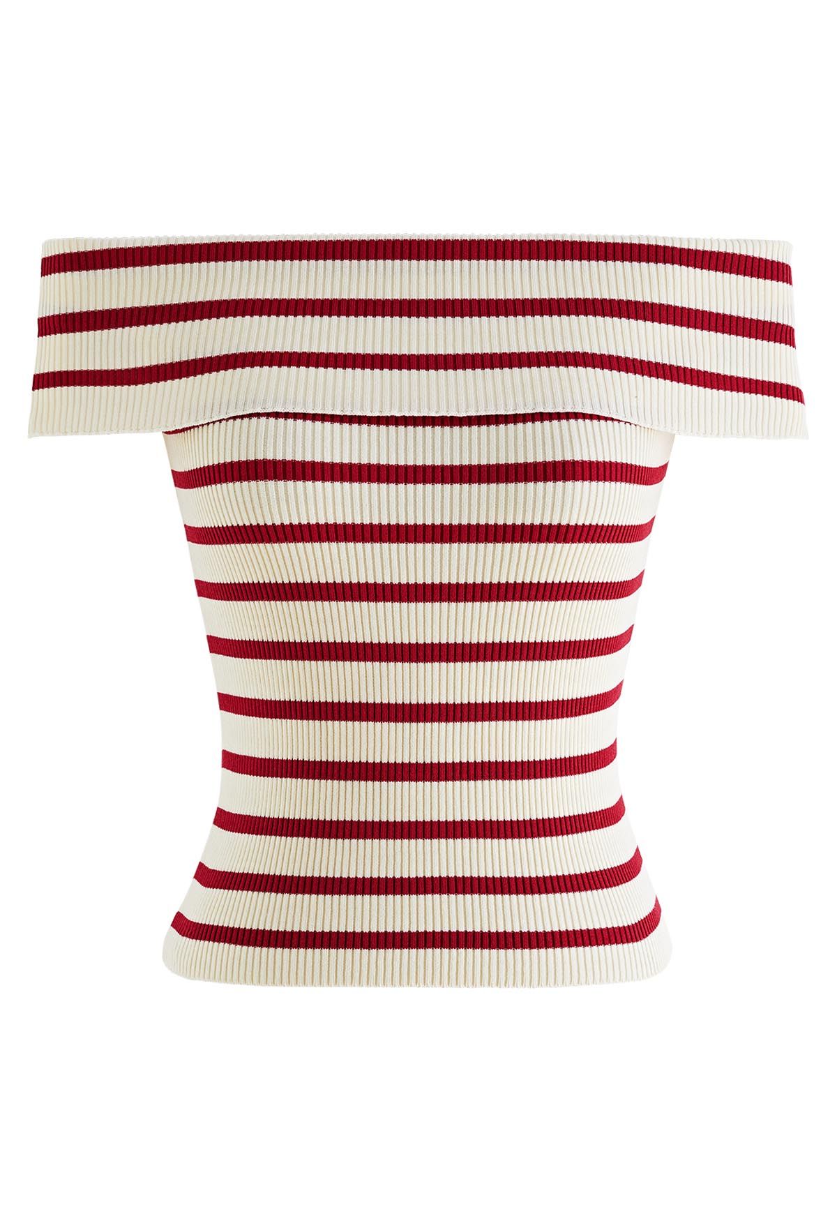 Folded Off-Shoulder Rib Knit Top in Red Stripe