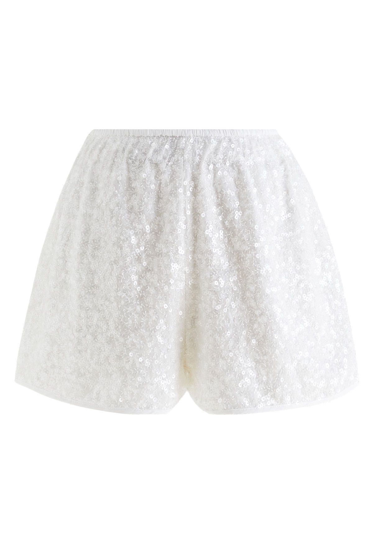 Full Sequins Embellished Shorts in White