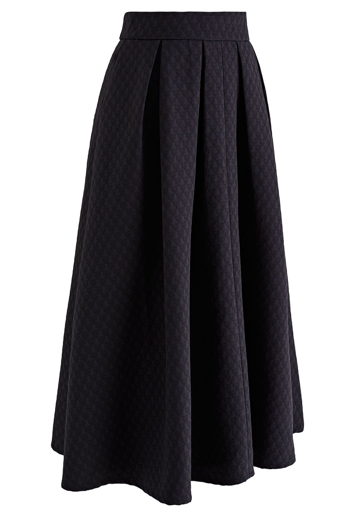 Embossed Heart Texture Pleated Midi Skirt in Black