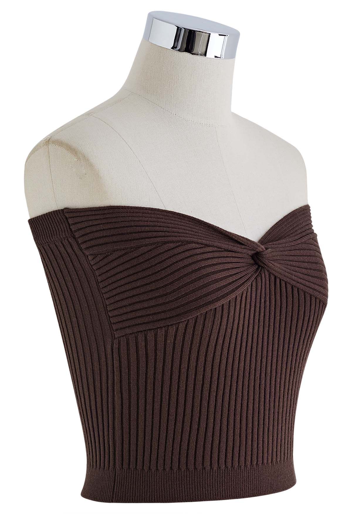 Twist Front Ribbed Knit Tube Crop Top in Brown