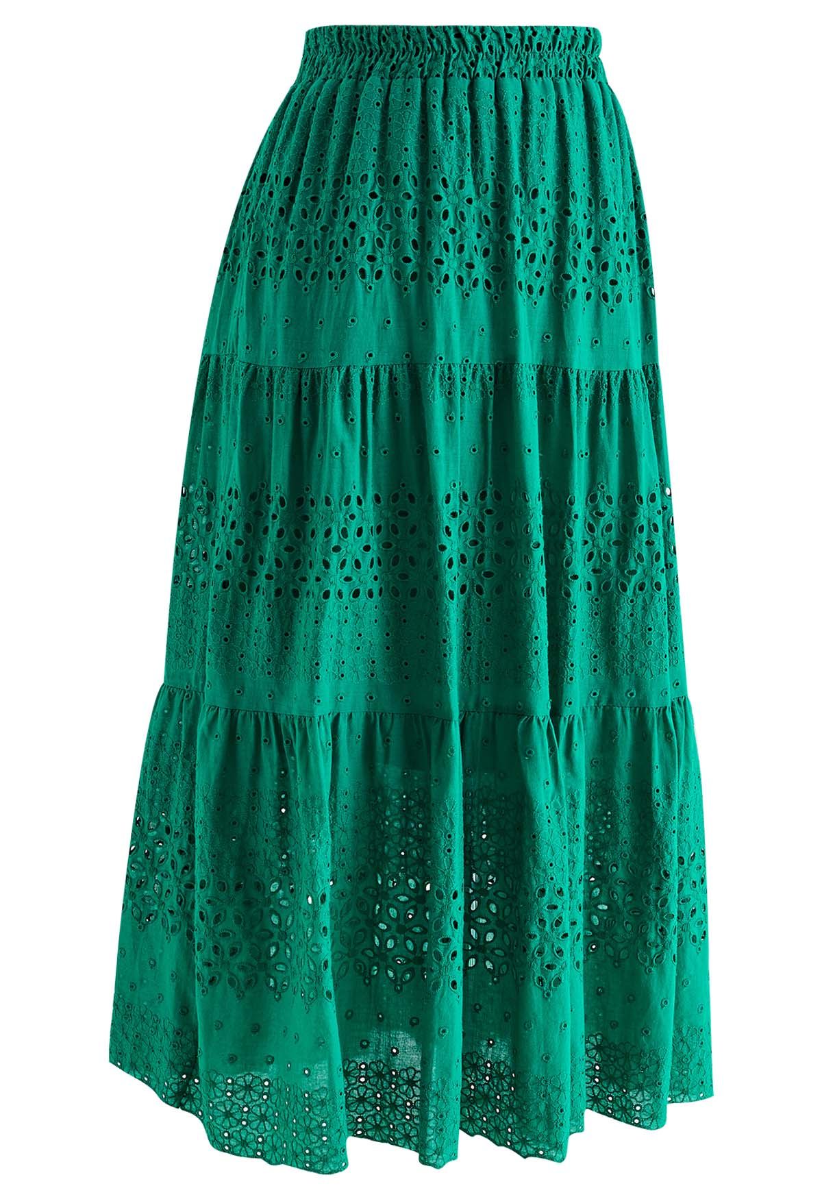 Floret Embroidered Eyelet Cotton Midi Skirt in Green