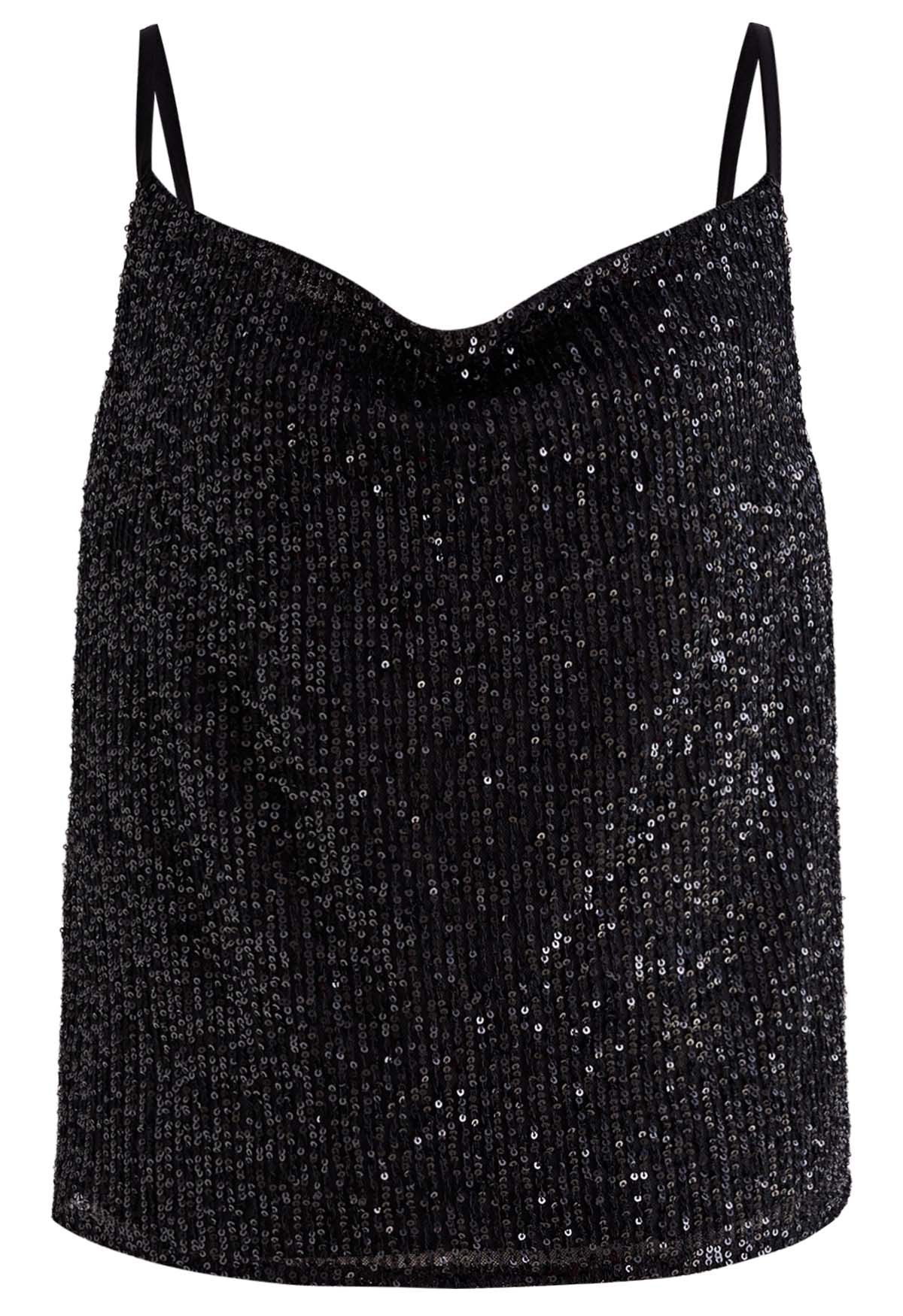 Cowl Neck Sequined Cami Top in Black