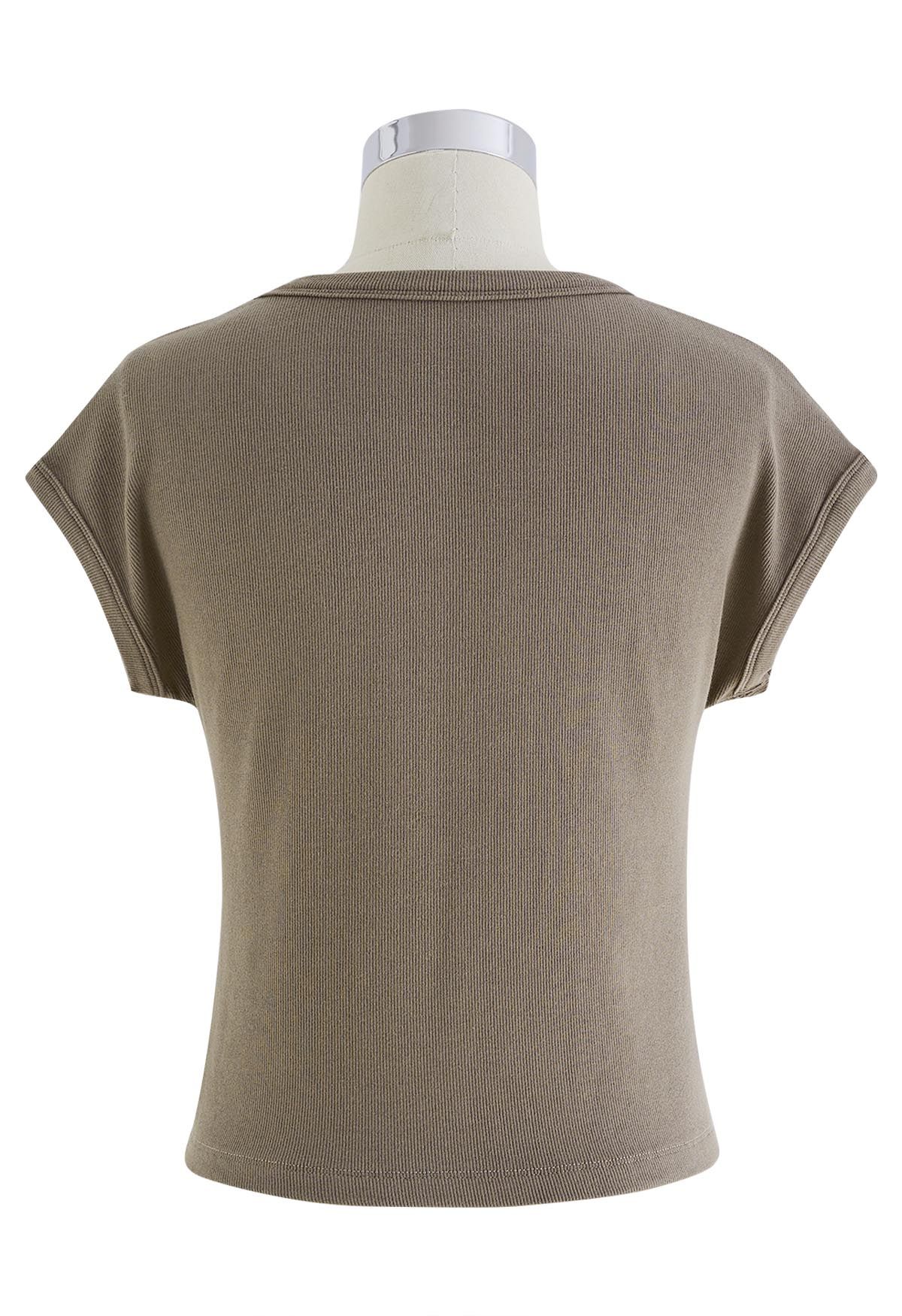 Elegant Crew Neck Cotton Crop Top in Taupe