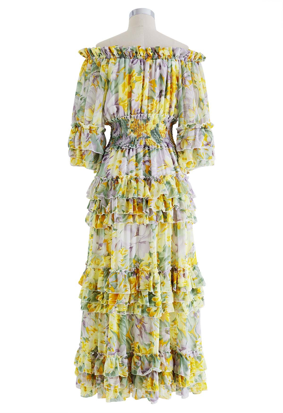 Tiered Ruffle Floral Off-Shoulder Chiffon Maxi Dress in Yellow