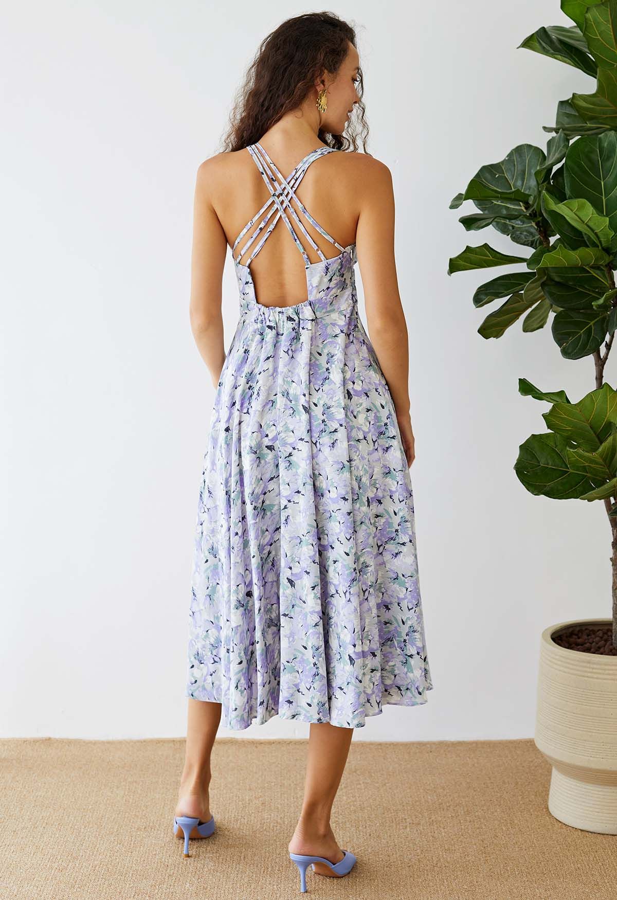 Cross Open Back Floral Printed Cami Midi Dress in Lavender