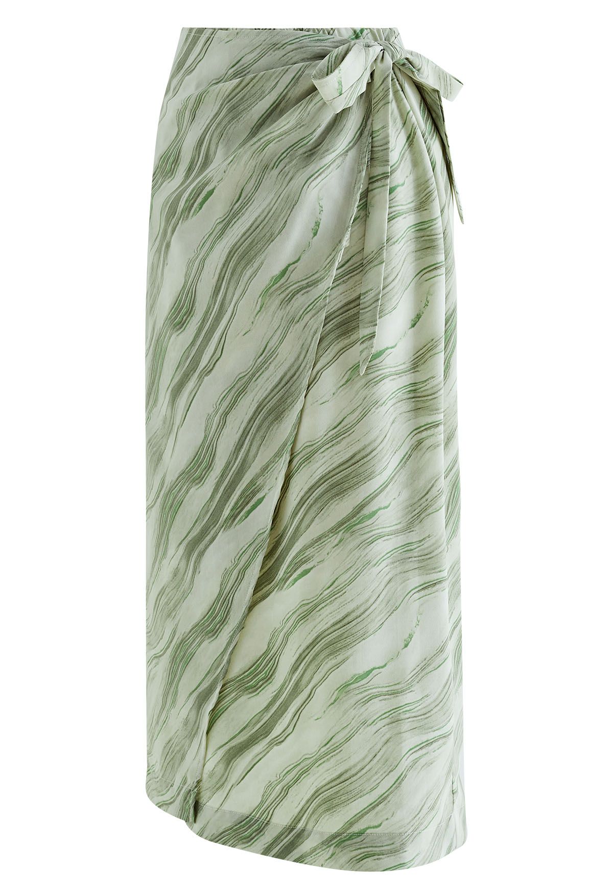 Marble Print Tie Waist Flap Midi Skirt in Green