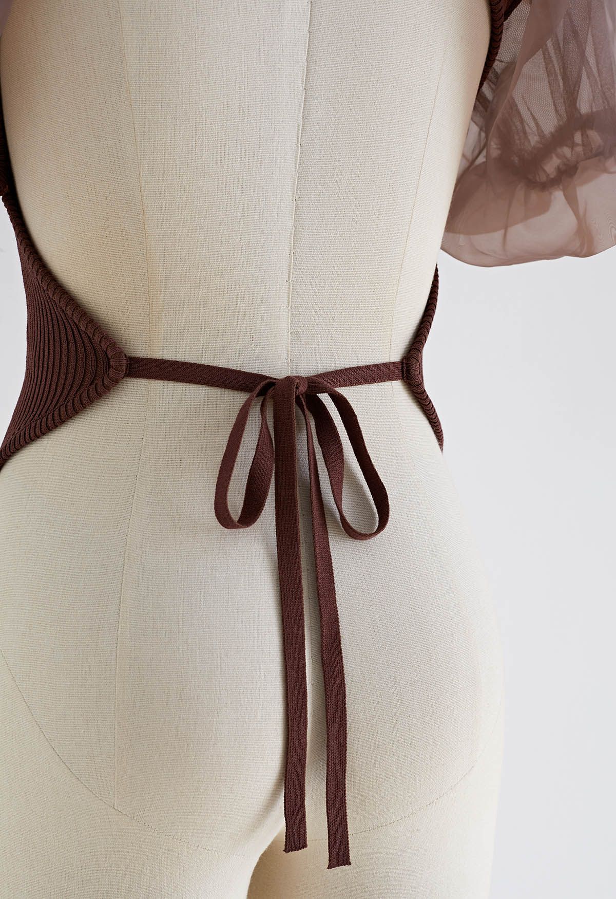 Open Back Bubble Sleeve Spliced Knit Top in Brown