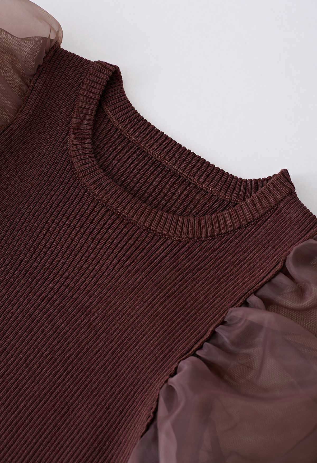 Open Back Bubble Sleeve Spliced Knit Top in Brown