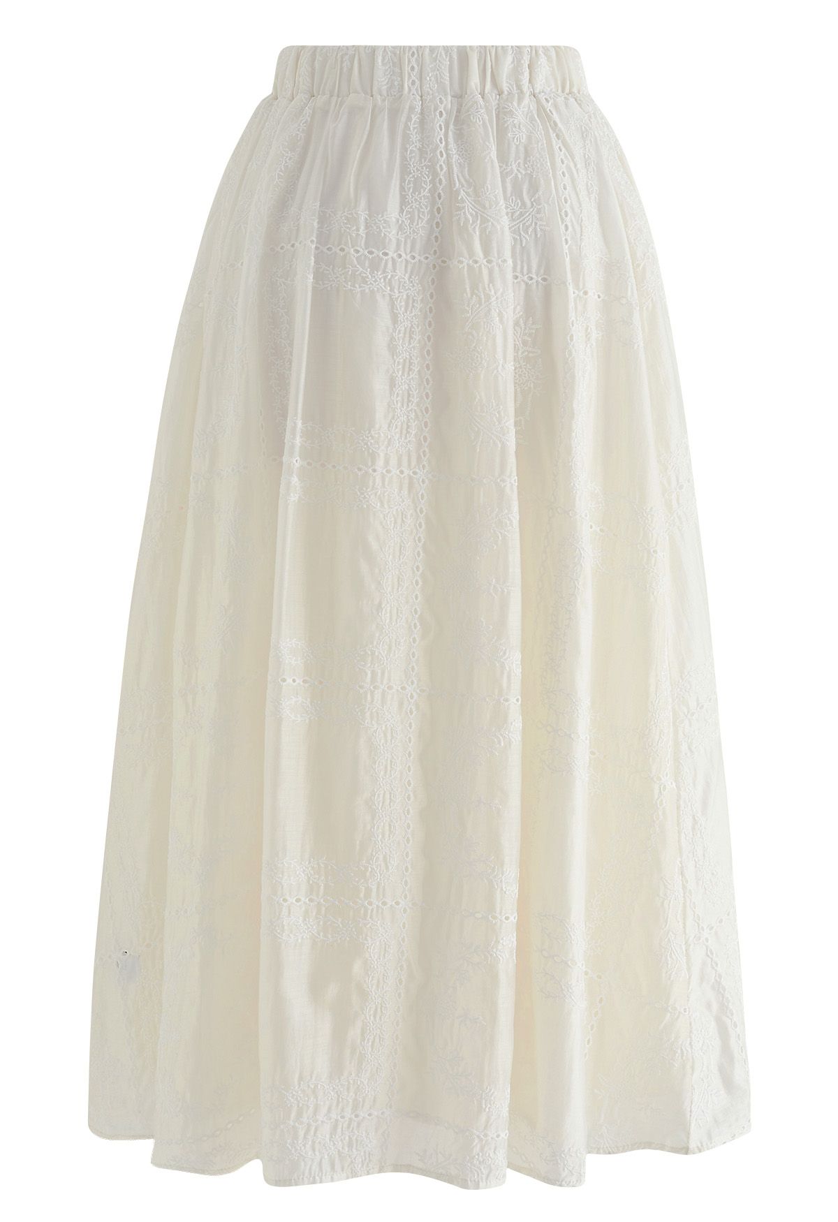 Branch Embroidery Checked Maxi Skirt in Cream