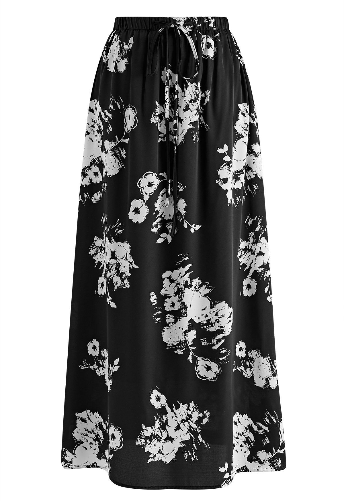 Elastic Drawstring Waist Floral Satin Maxi Skirt