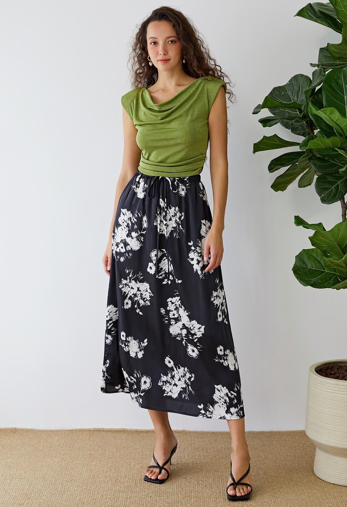 Elastic Drawstring Waist Floral Satin Maxi Skirt