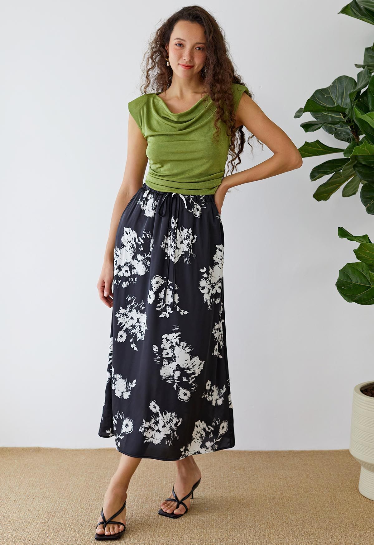 Elastic Drawstring Waist Floral Satin Maxi Skirt