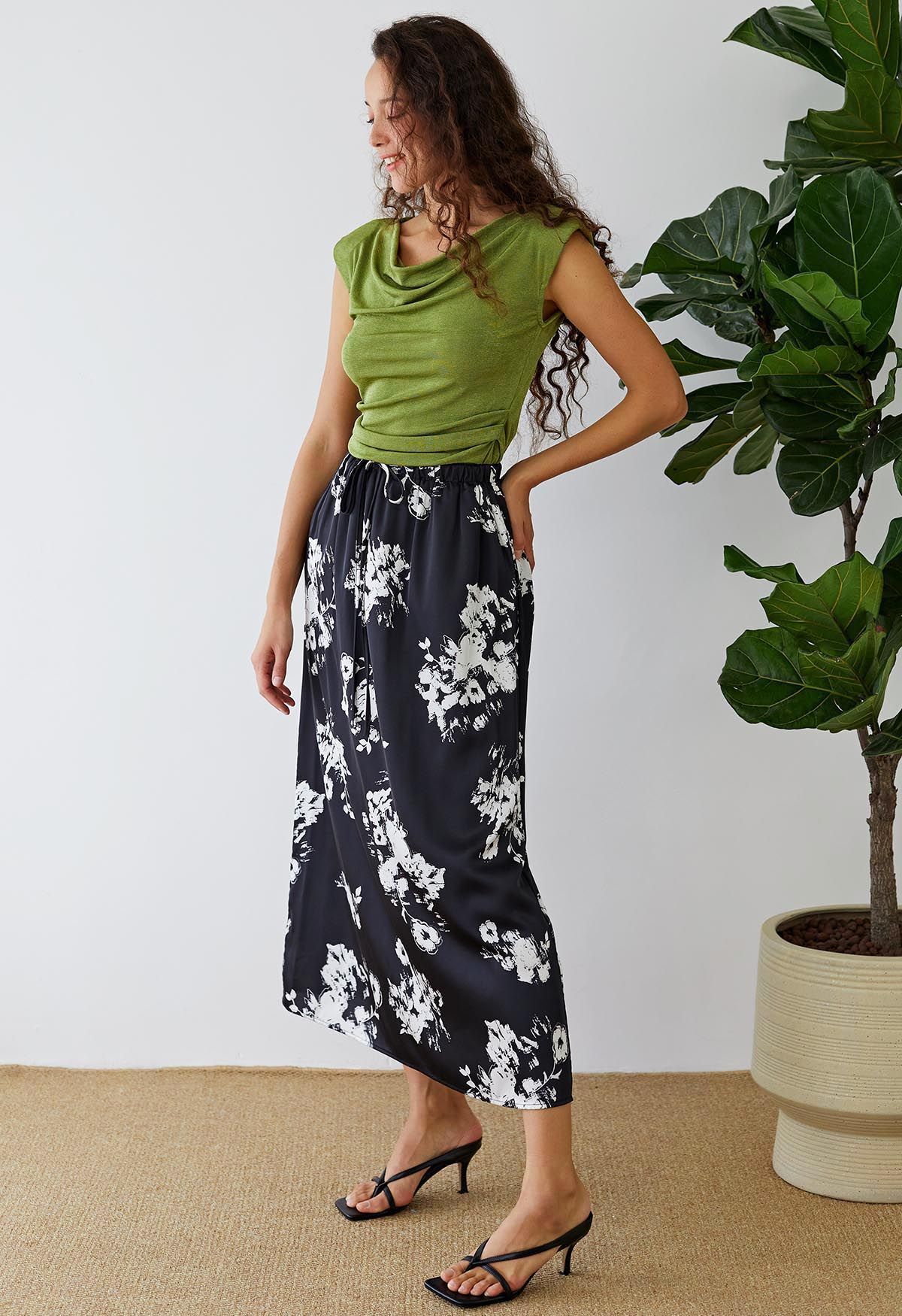 Elastic Drawstring Waist Floral Satin Maxi Skirt