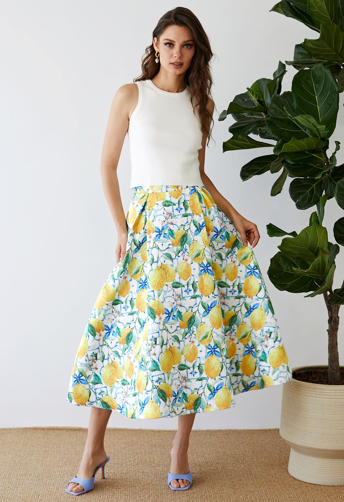 Blue Tiles Watercolor Lemon Printed Jacquard A-Line Midi Skirt