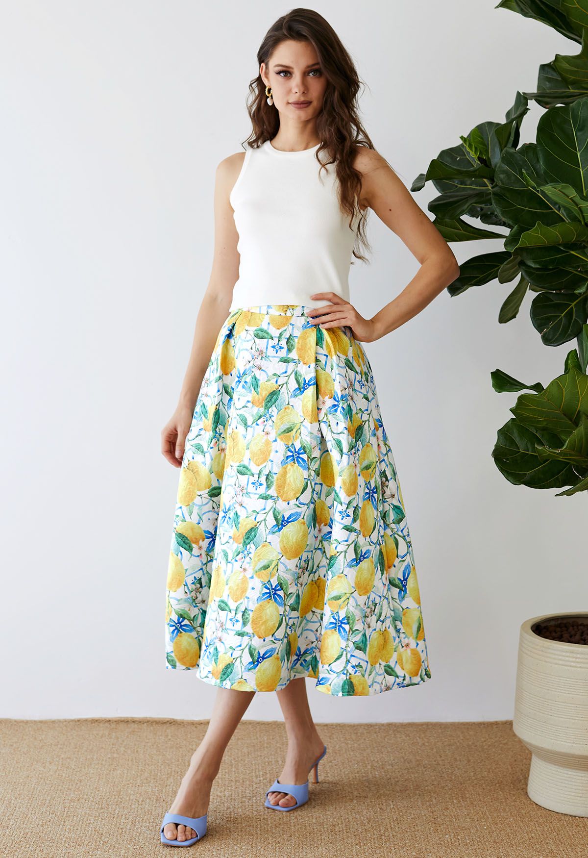 Blue Tiles Watercolor Lemon Printed Jacquard A-Line Midi Skirt