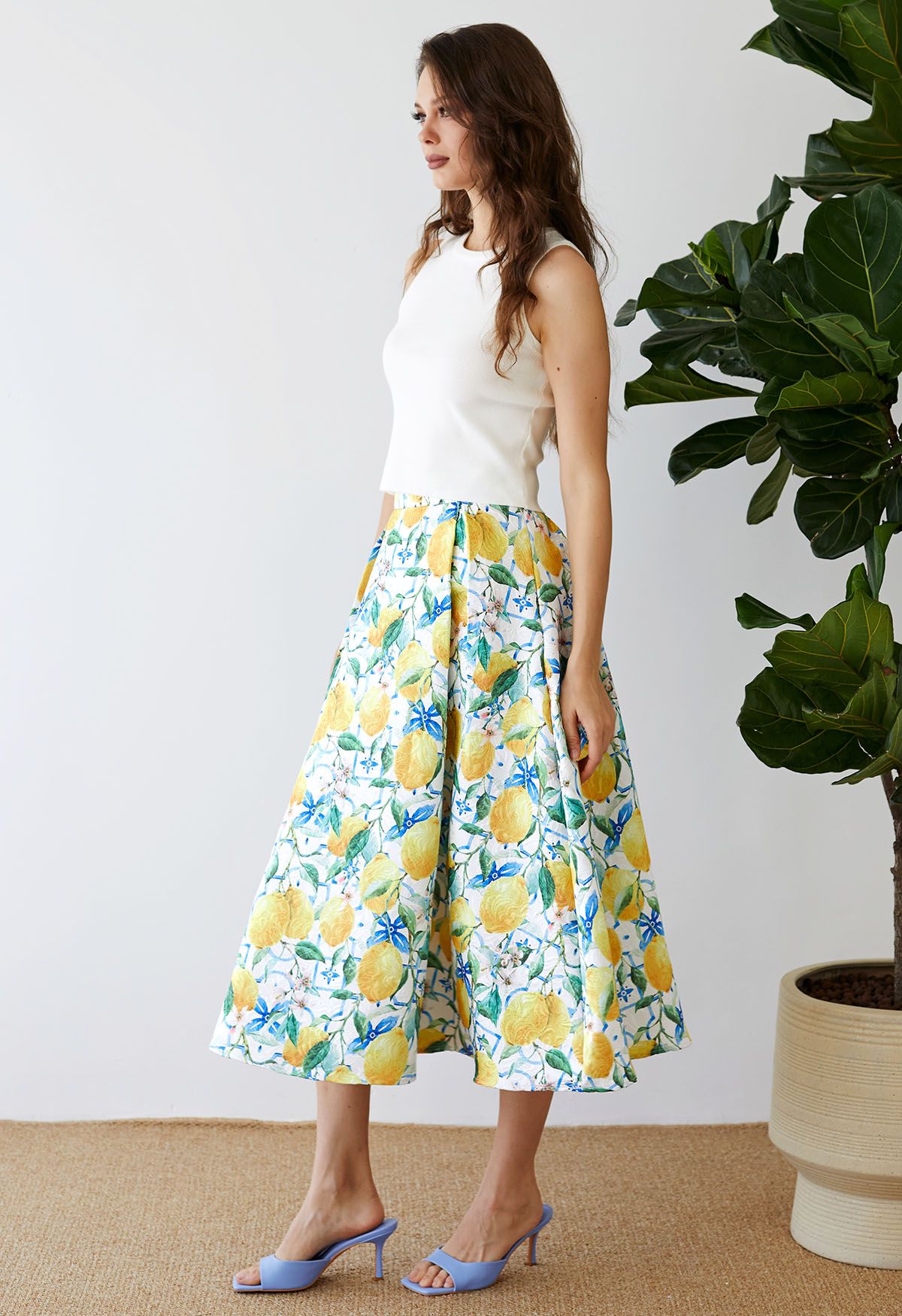 Blue Tiles Watercolor Lemon Printed Jacquard A-Line Midi Skirt