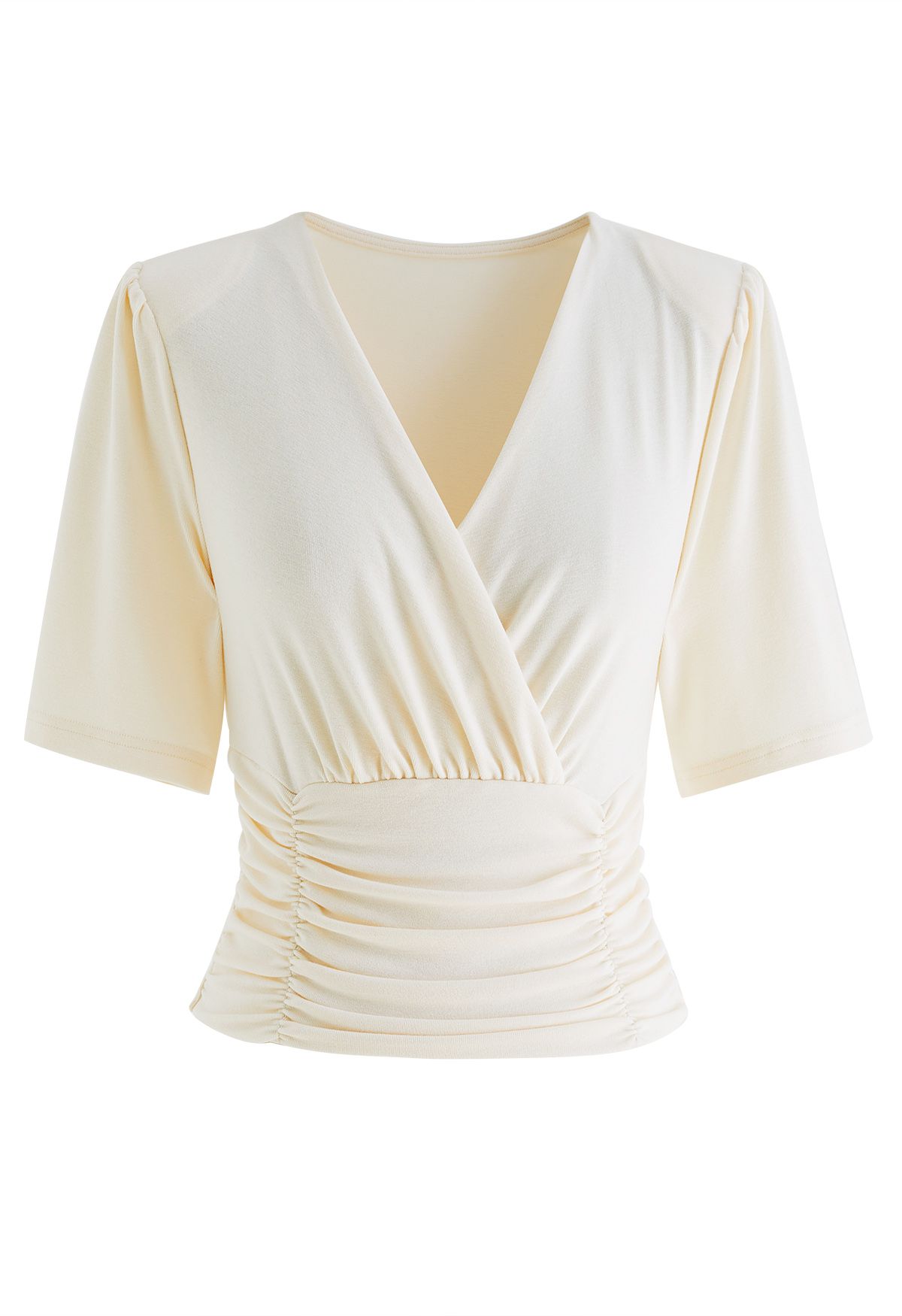 Ruched Waist Faux-Wrap Top in Cream
