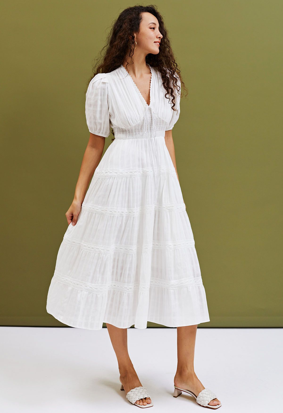 Scalloped V-Neck Checked Midi Dress in White