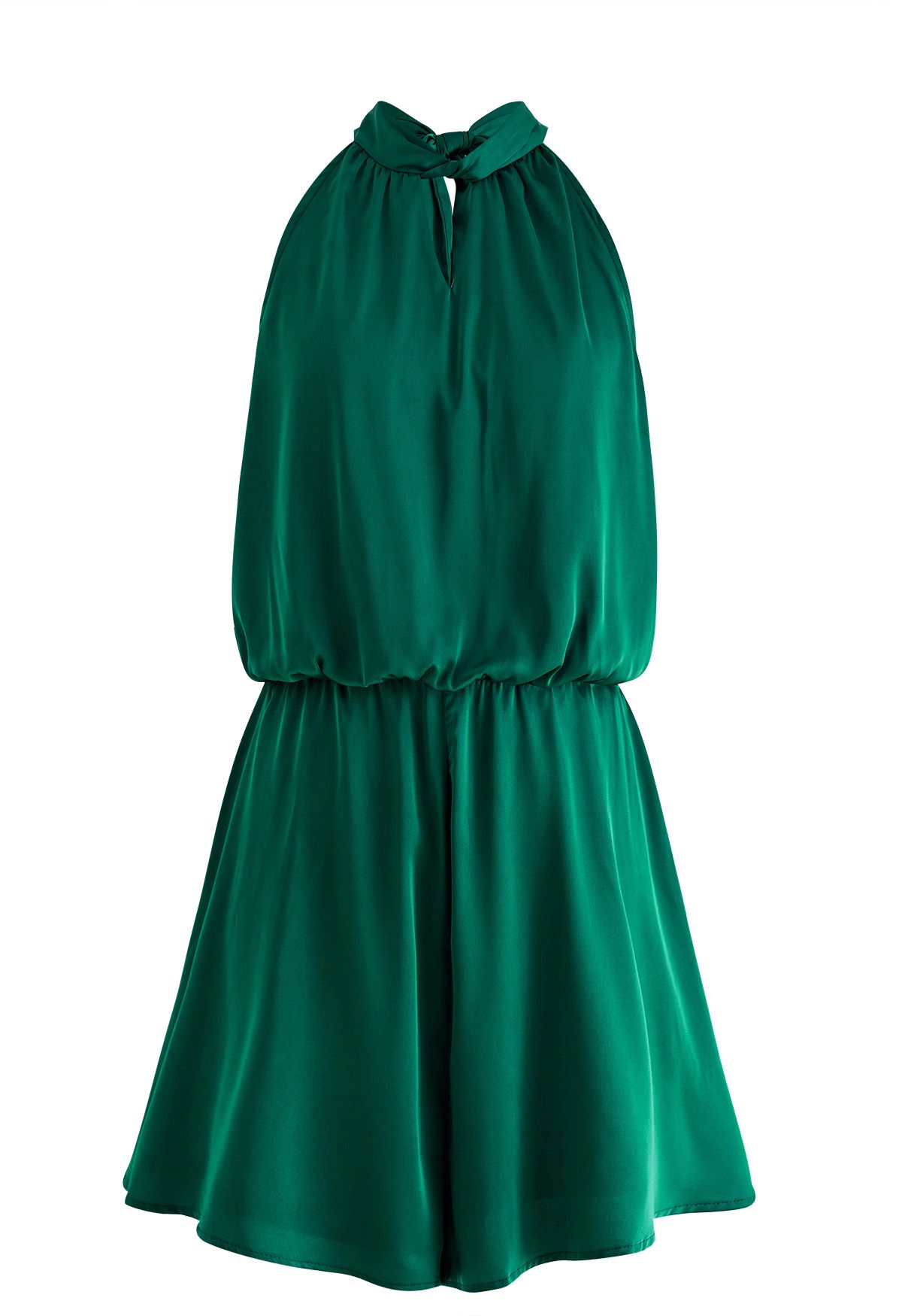 Halter Neck Cutout Satin Playsuit in Dark Green