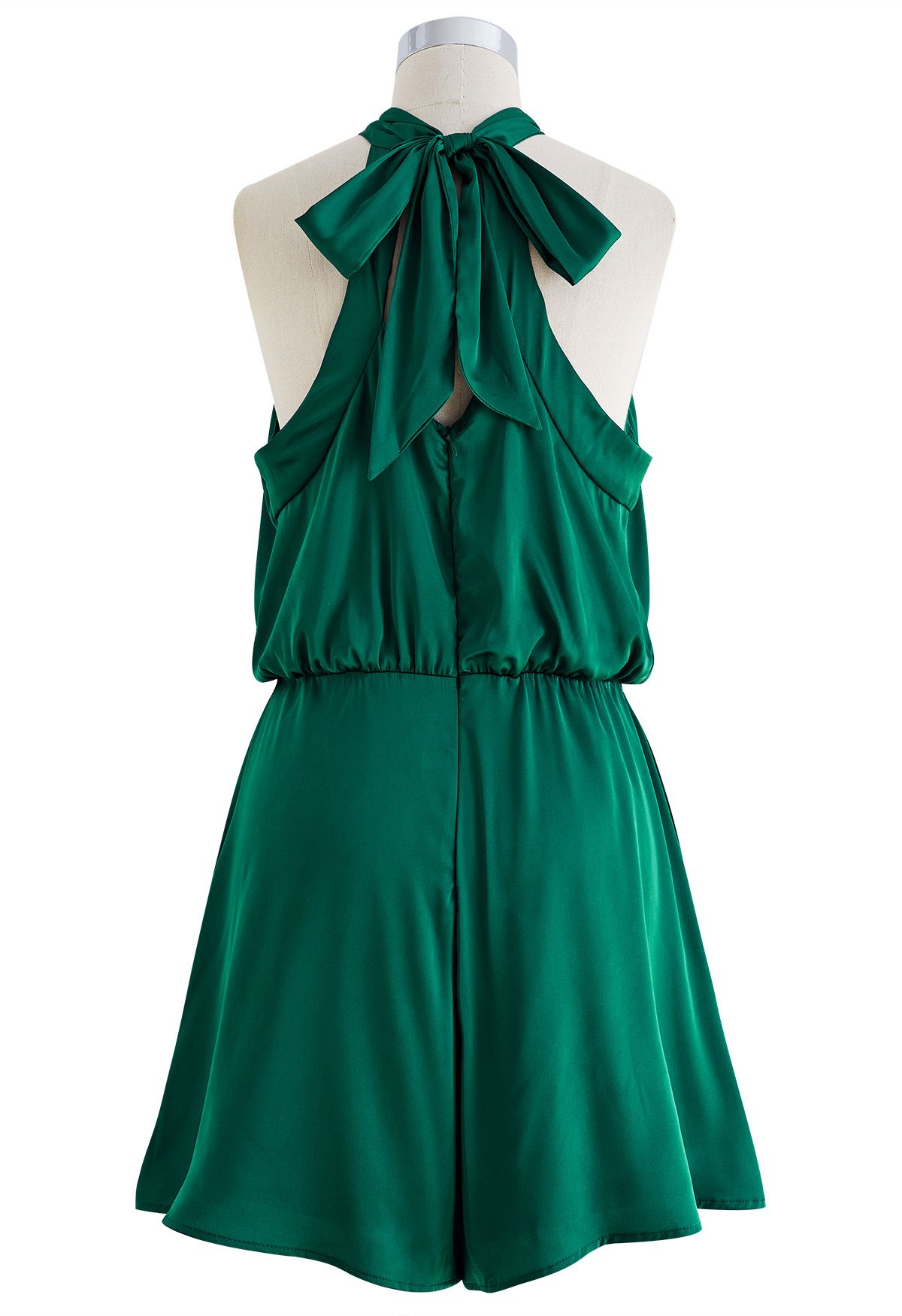 Halter Neck Cutout Satin Playsuit in Dark Green