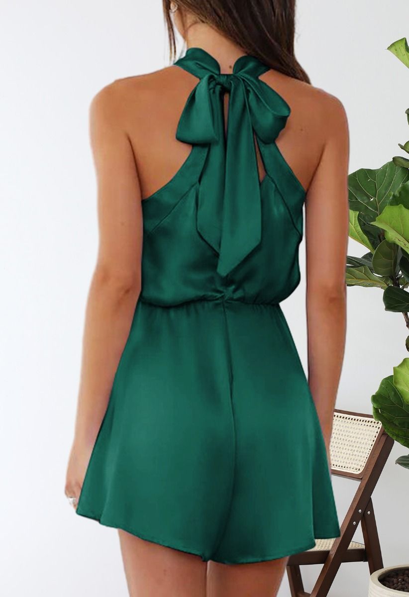 Halter Neck Cutout Satin Playsuit in Dark Green