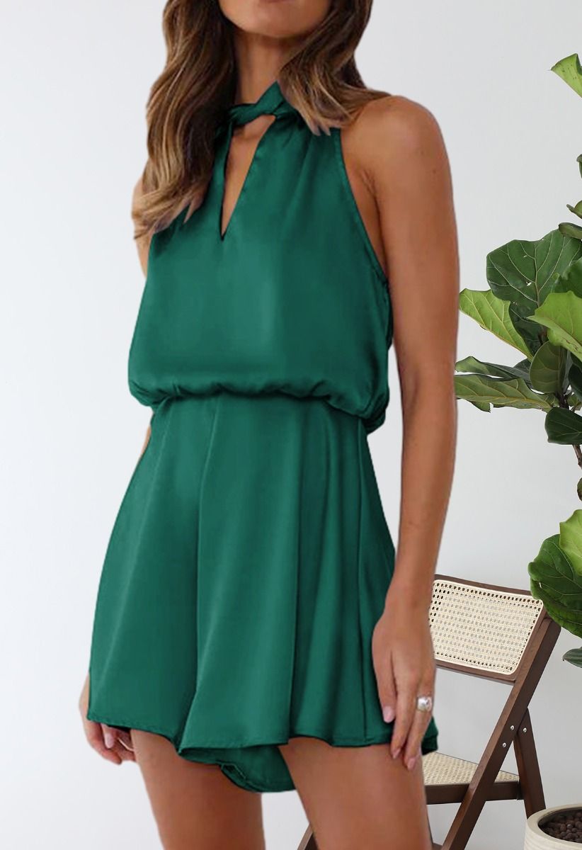 Halter Neck Cutout Satin Playsuit in Dark Green