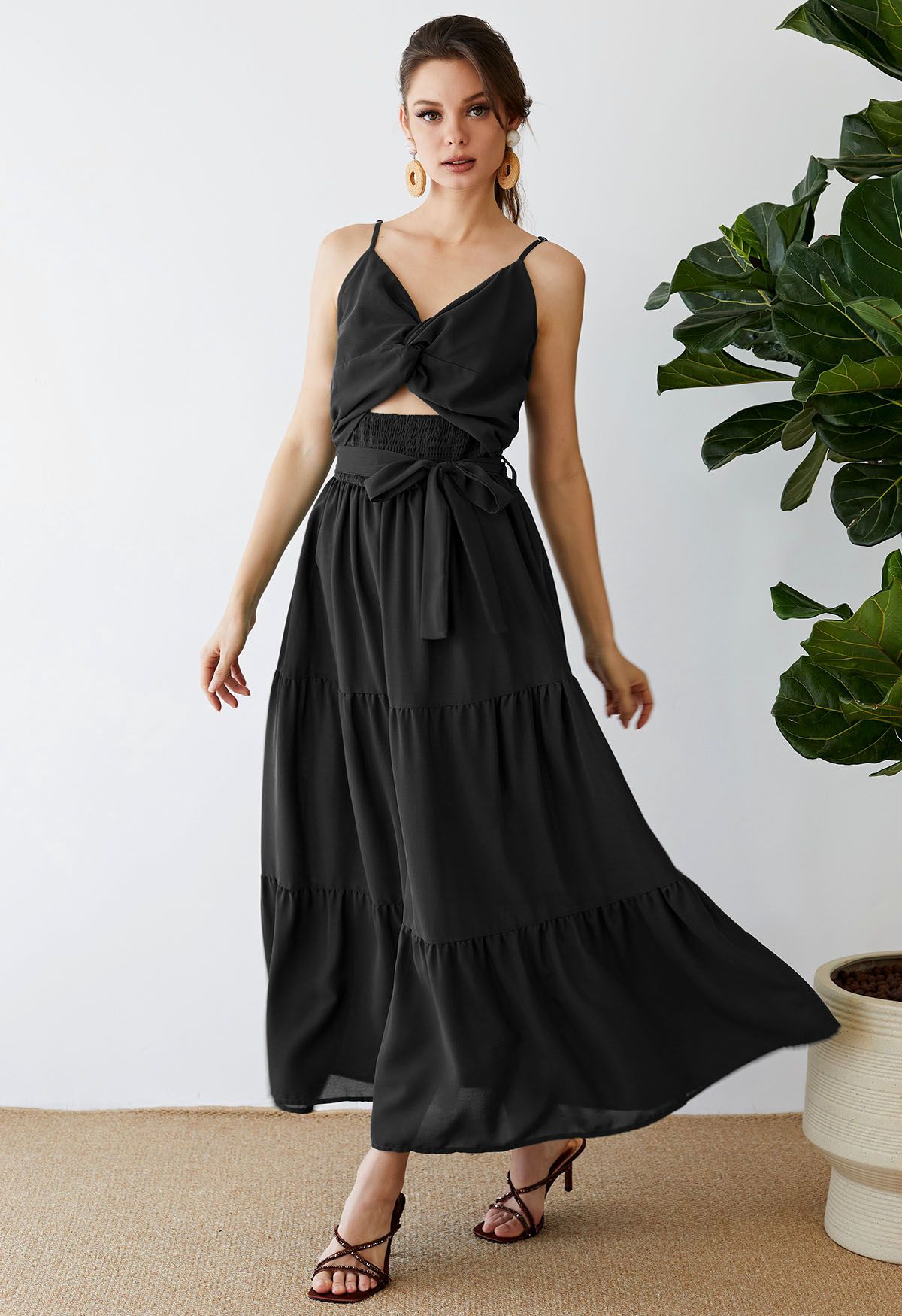 Twist Cutout Shirred Cami Maxi Dress in Black