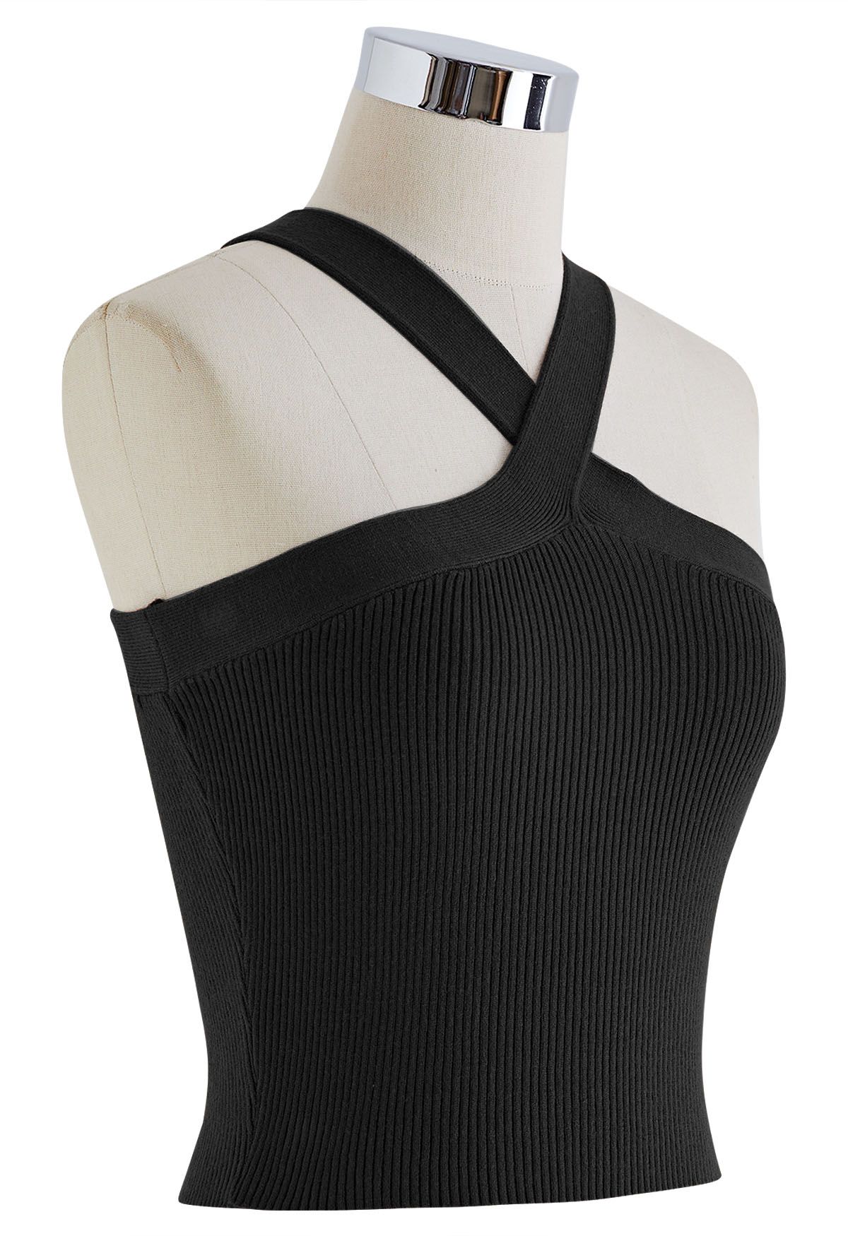 Criss Cross Straps Halter Knit Top in Black